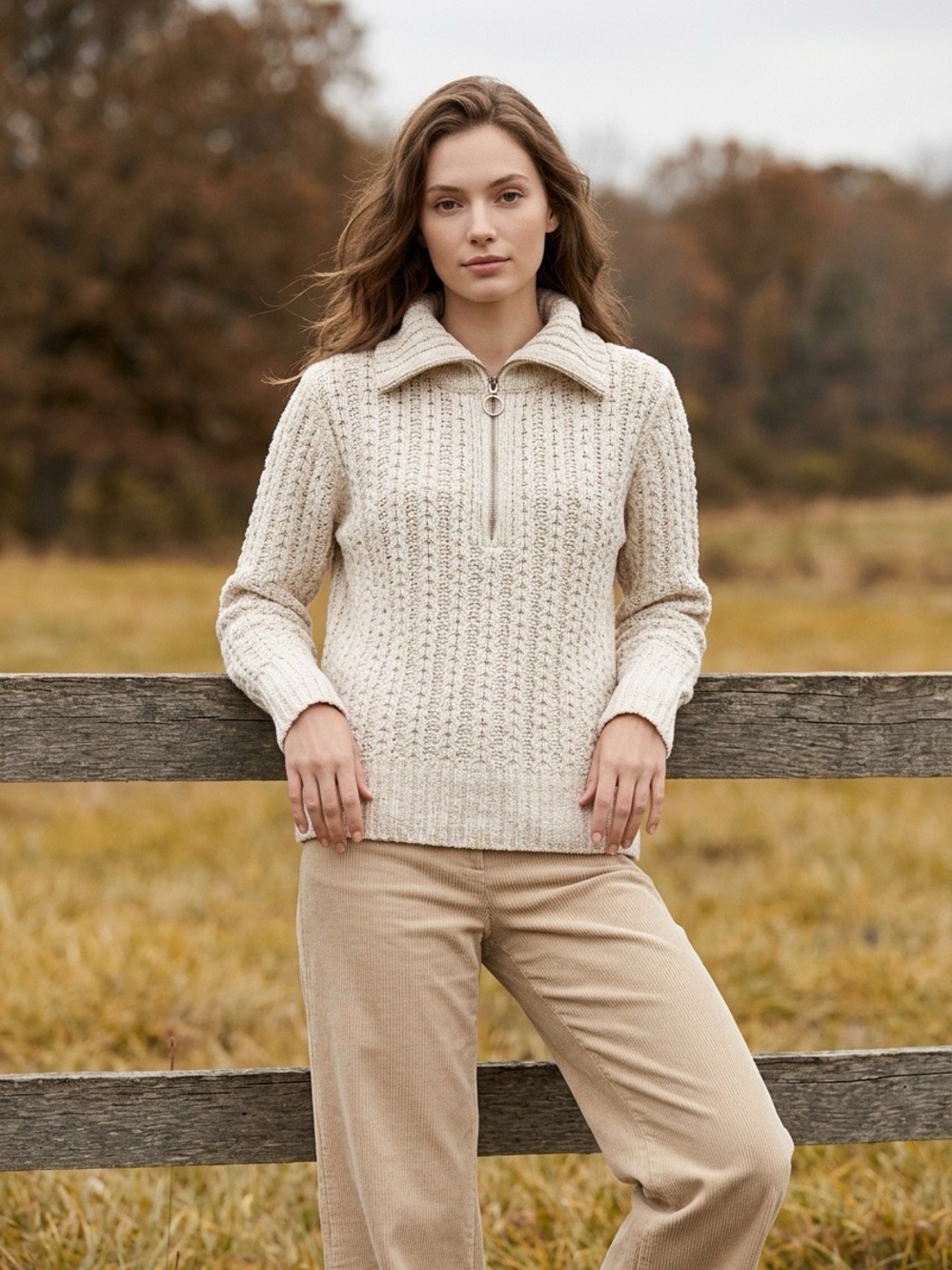 aerie Oversized Chenille Cable-Knit Half-Zip Turtleneck Sweater in Cream Size XS